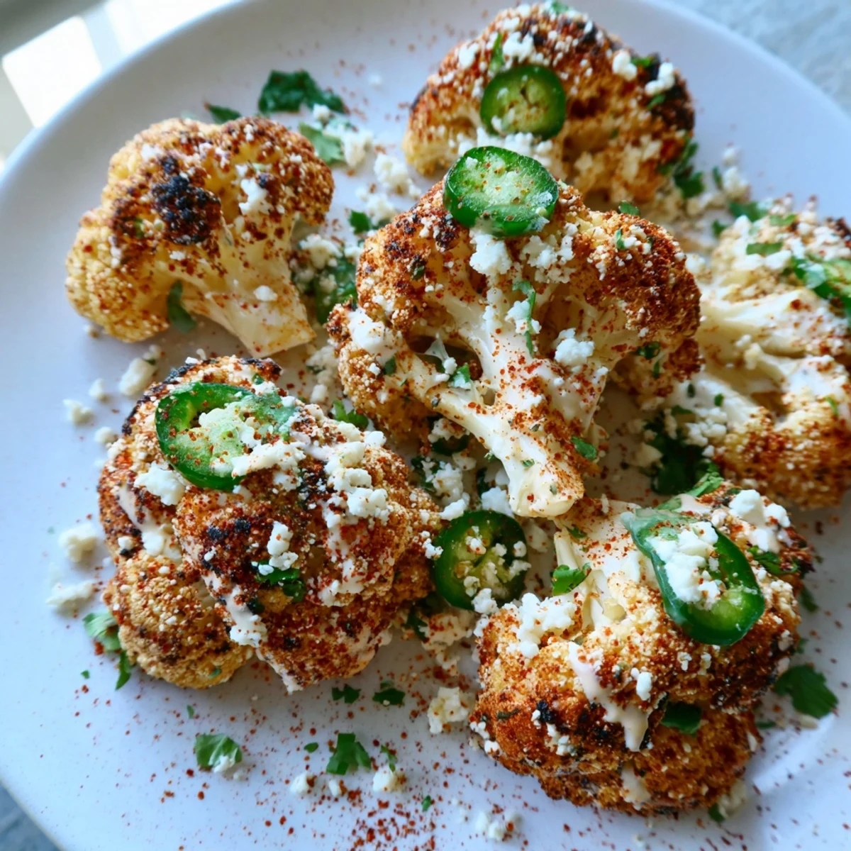 Mexican-inspired cauliflower elote dish garnished with fresh cilantro and chili powder on platter
