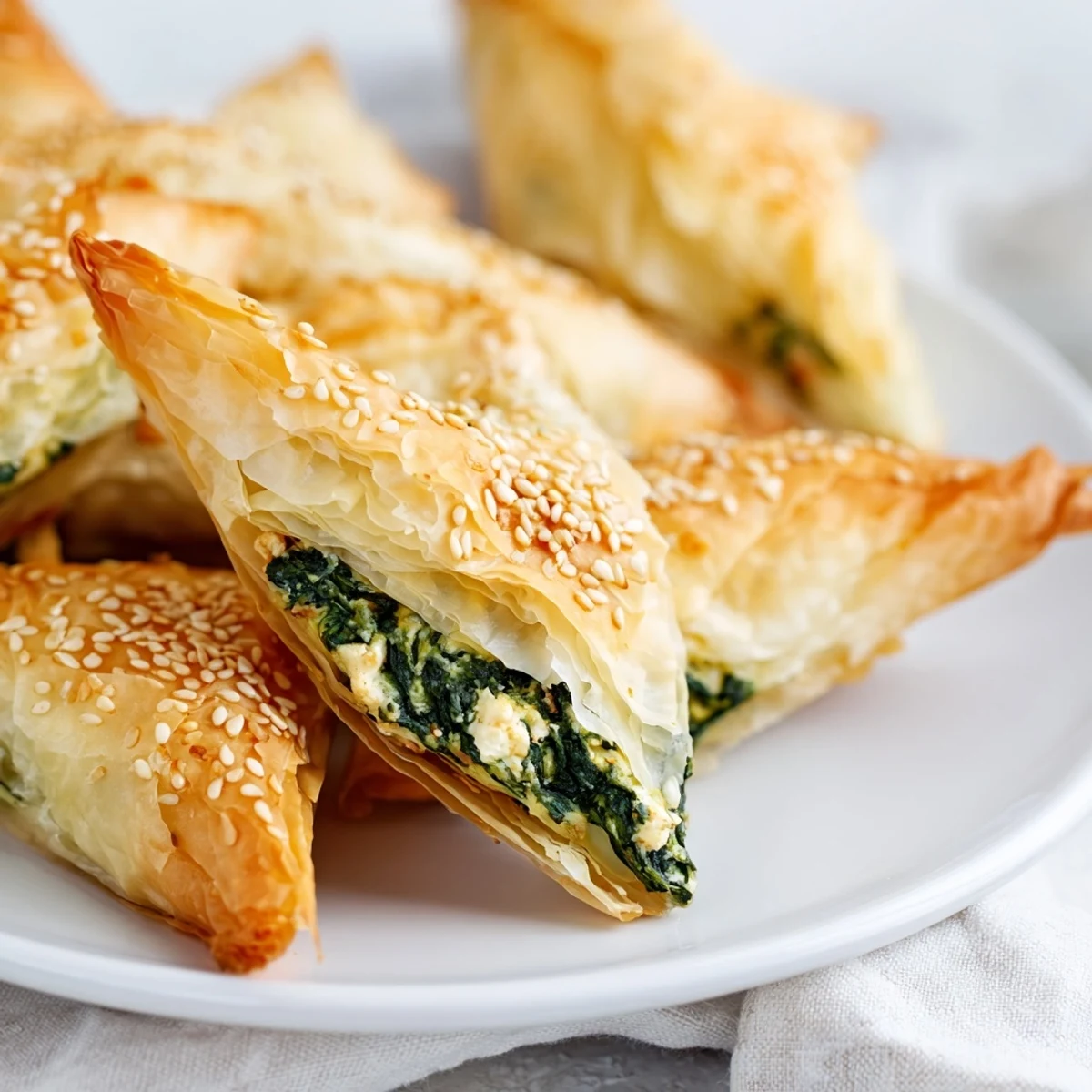 Flaky phyllo triangles stuffed with savory spinach feta filling baked to golden brown perfection
