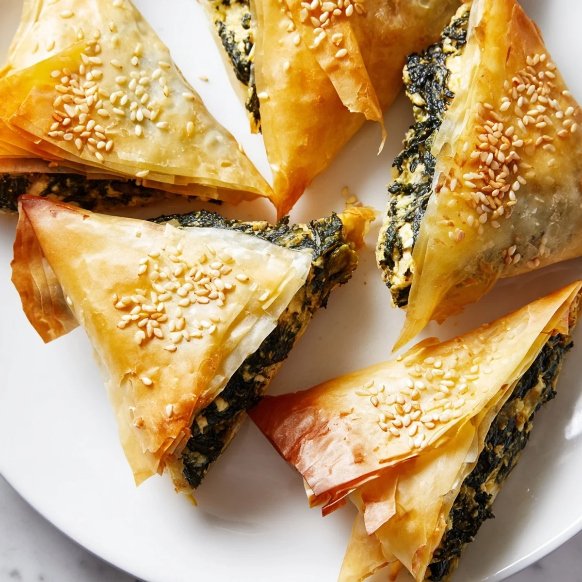 Mediterranean spinach and feta crisps featuring flaky pastry layers with creamy herb filling scattered on wooden board