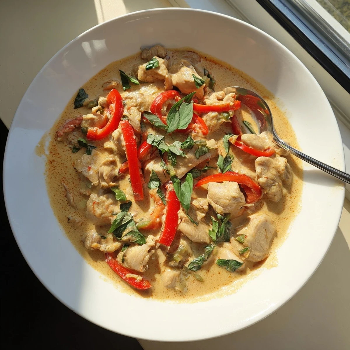 Golden basil chicken in coconut curry sauce plated over fluffy jasmine rice with fresh cilantro garnish