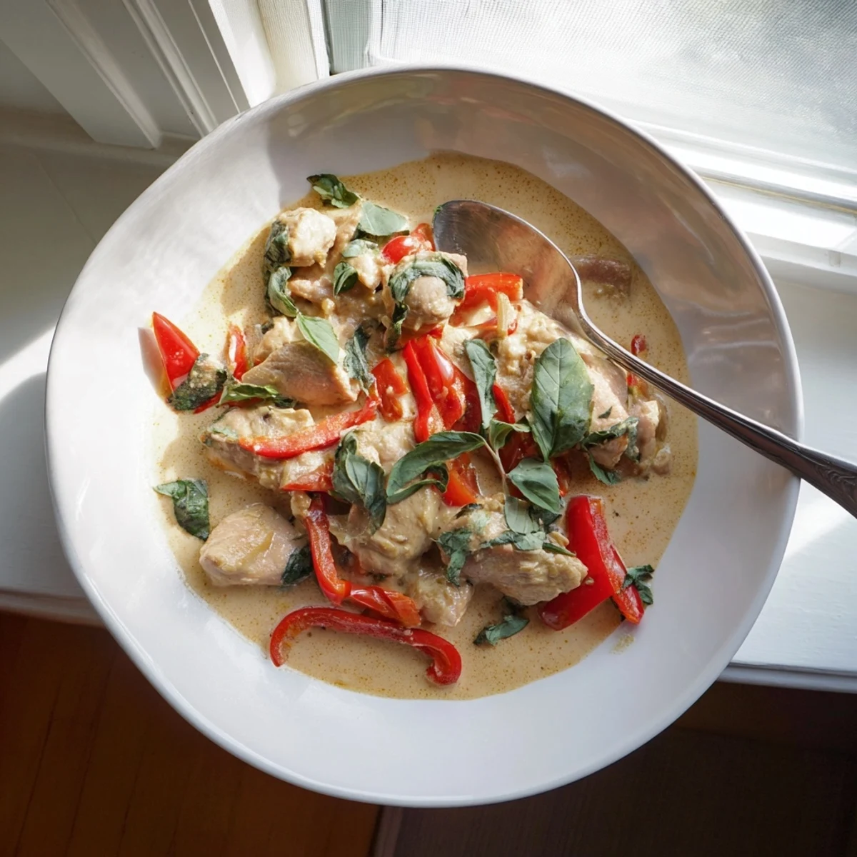 Creamy Thai-inspired basil chicken in coconut curry sauce featuring tender chicken pieces and colorful bell pepper slices
