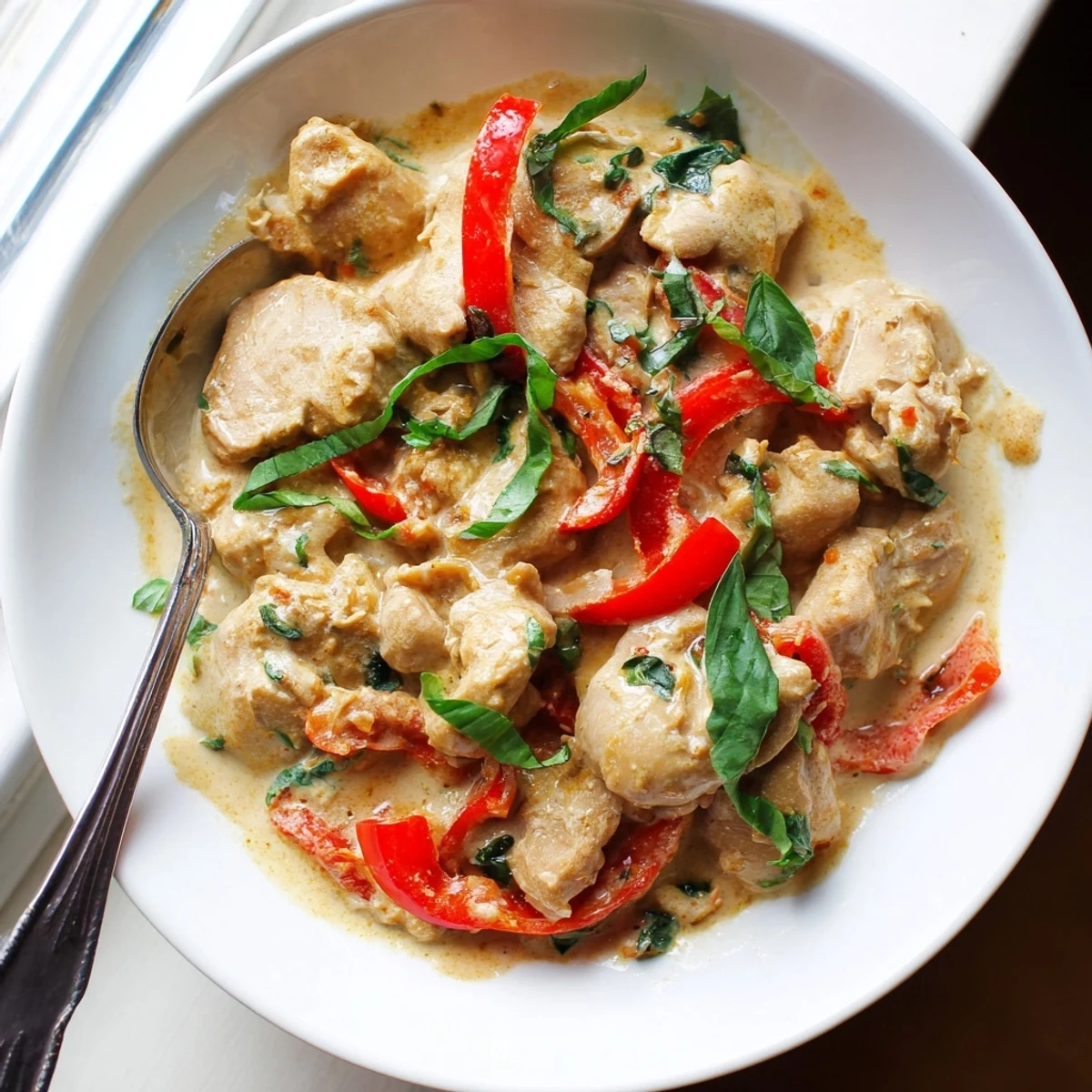 Steaming bowl of basil chicken in coconut curry sauce topped with torn basil leaves and served beside rice