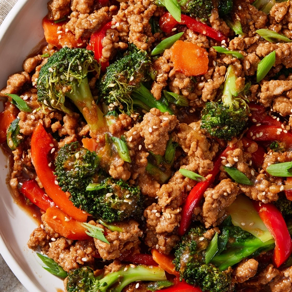 Colorful Asian-style ground turkey stir fry with crisp broccoli florets and red bell pepper slices in a wok