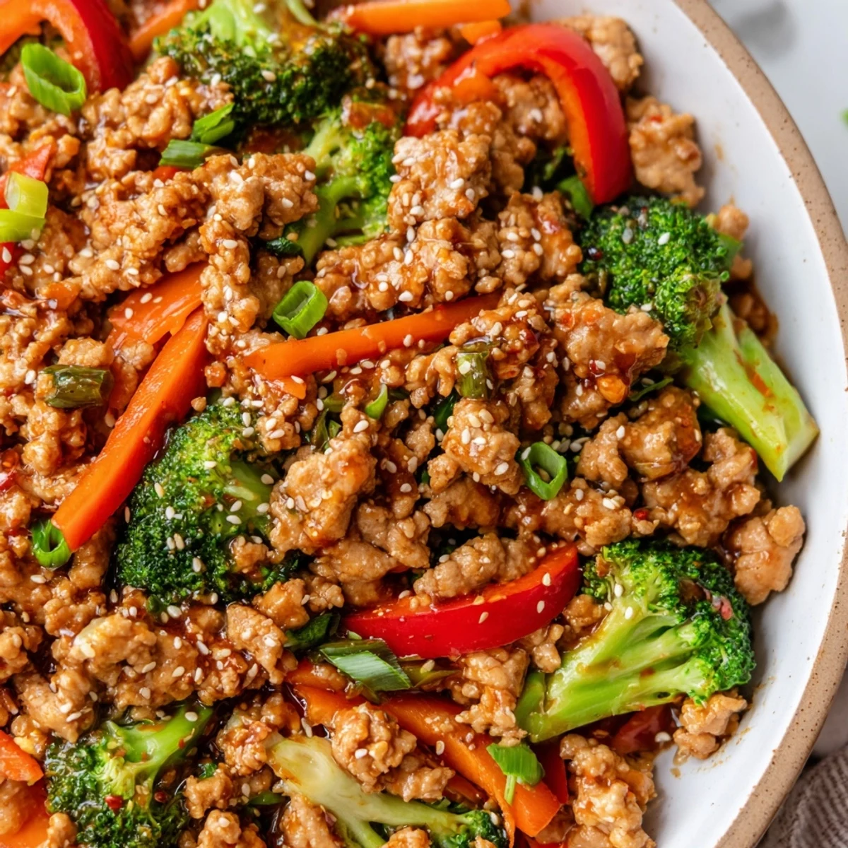 Healthy ground turkey stir fry with broccoli vegetables drizzled with thick soy sesame sauce and garnished with green onions