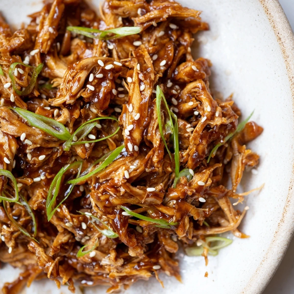 Slow cooker Mongolian chicken served over white rice topped with fresh sliced green onions