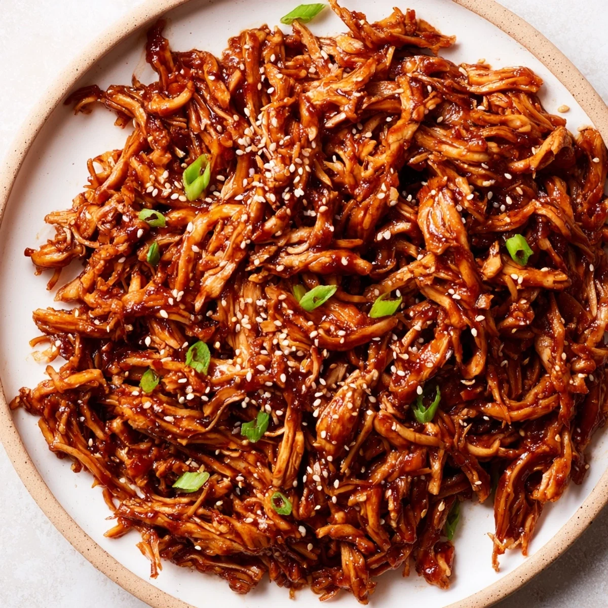 Tender Mongolian chicken in a rich sweet savory sauce with chopped scall sprinkles