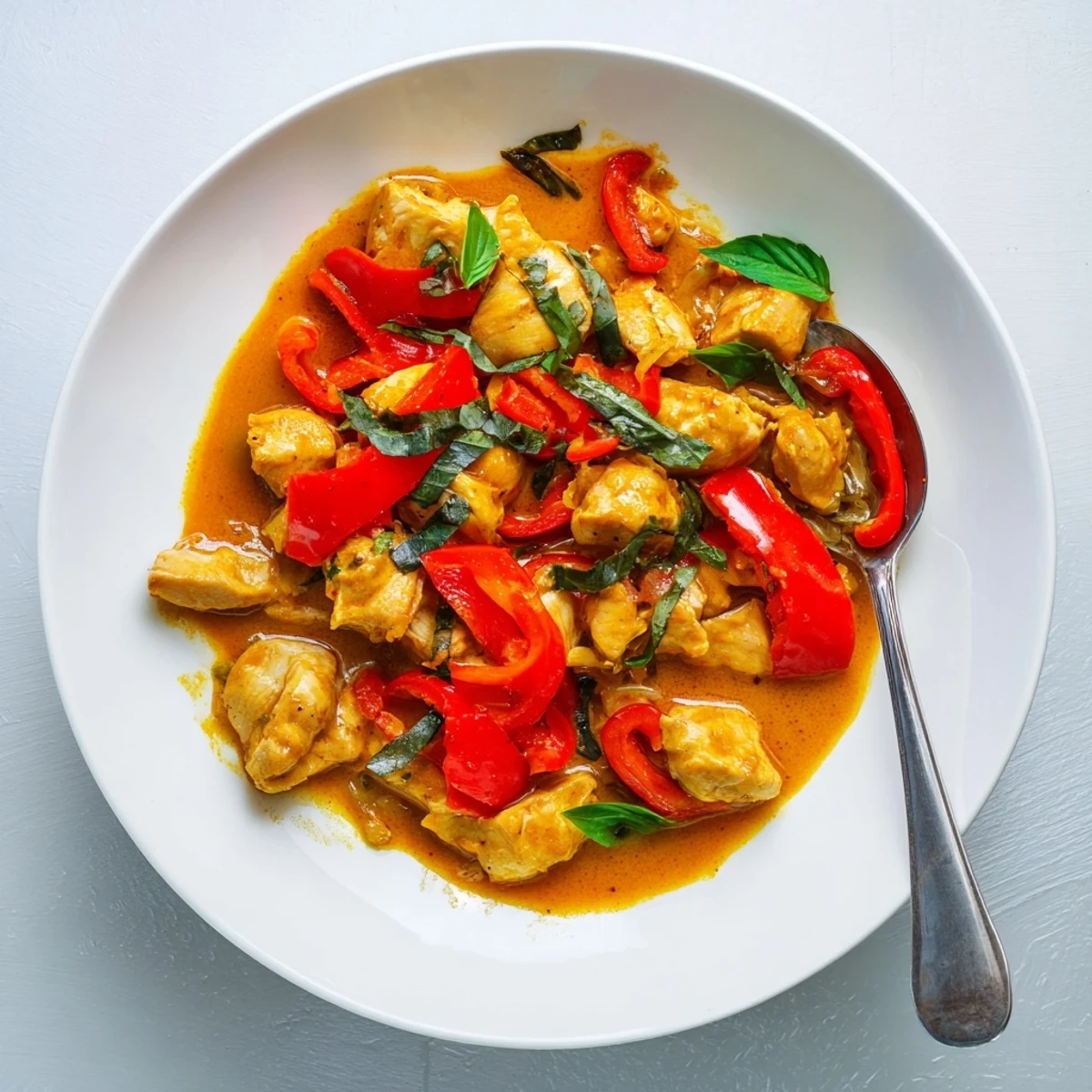 Golden chicken pieces swim in rich coconut curry sauce topped with fresh green basil
