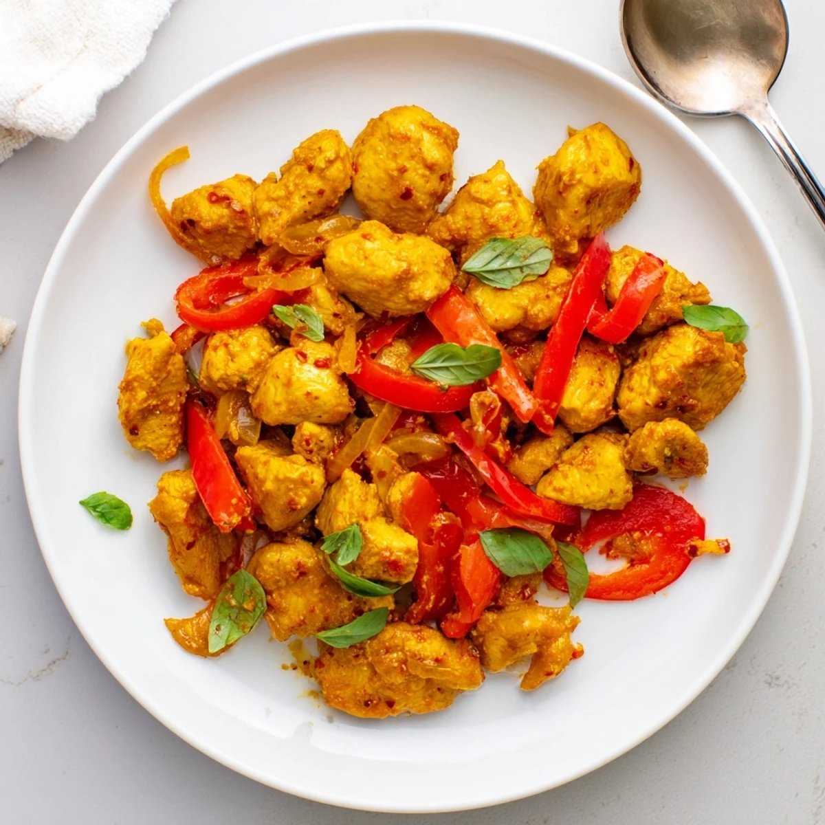 Creamy Thai-inspired basil chicken curry simmered in a fragrant golden sauce with bell peppers