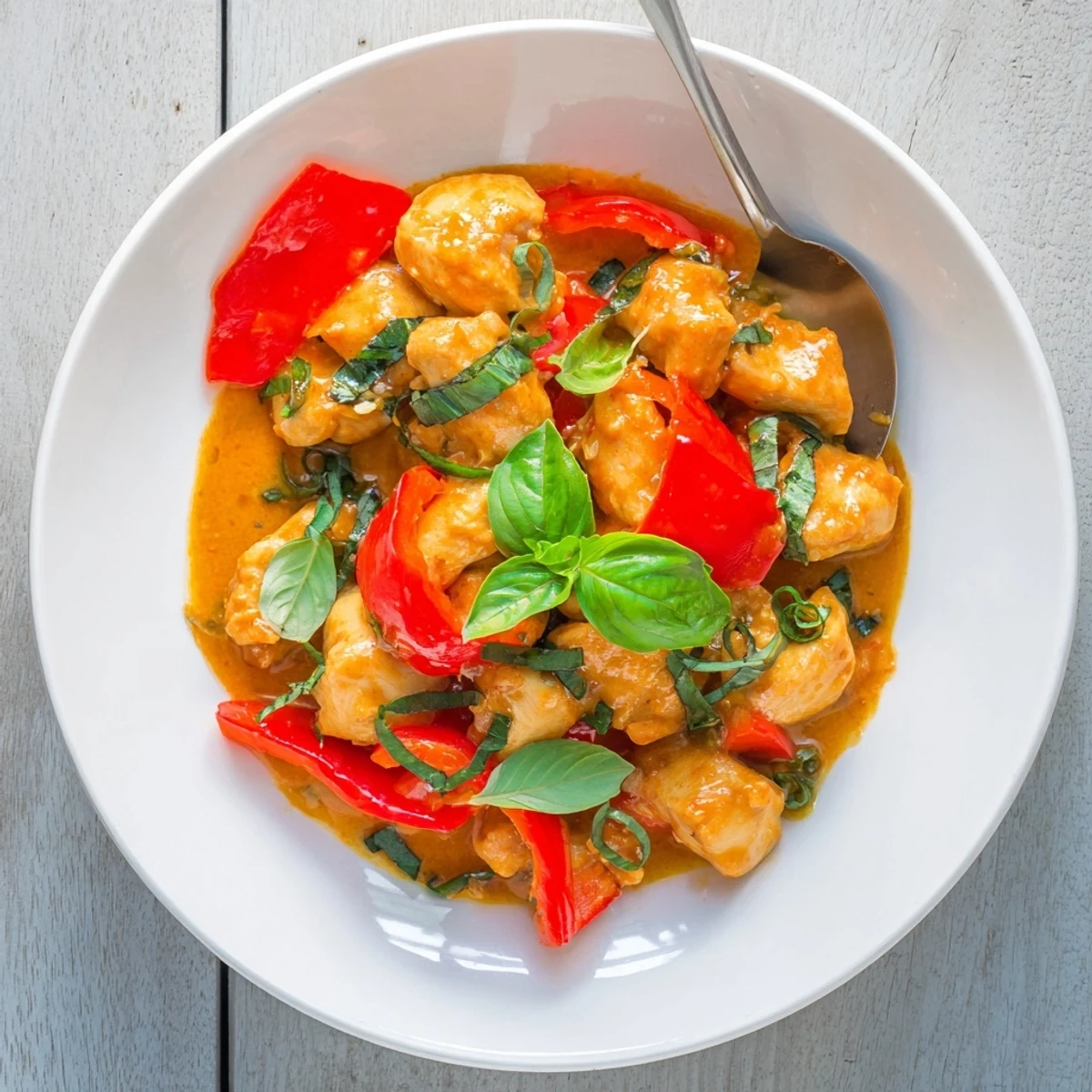 Tender chicken coated in silky coconut curry sauce garnished with chopped fresh basil leaves