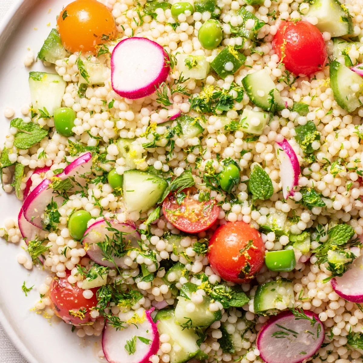 Colorful spring couscous salad bowl with crisp vegetables and fresh herbs tossed in zesty lemon dressing