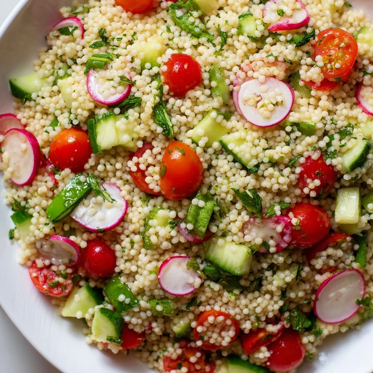 Mediterranean-style spring couscous salad featuring cherry tomatoes, cucumber, and radishes on a white serving plate