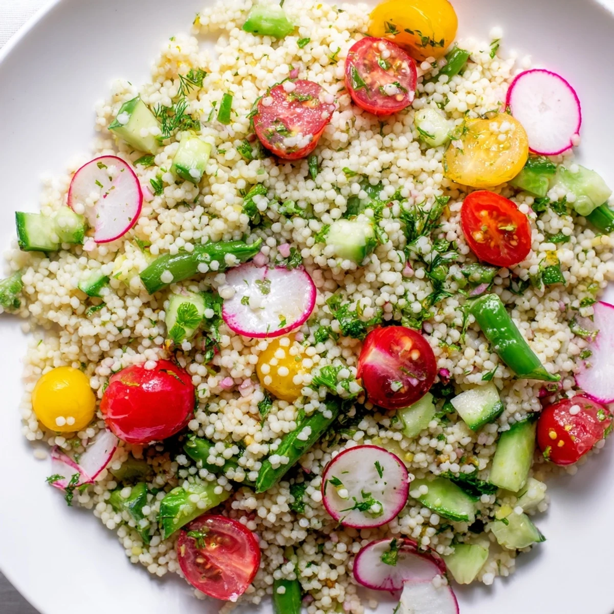 Fluffy couscous mixed with snap peas, mint, and dill in this vibrant spring couscous salad for outdoor dining