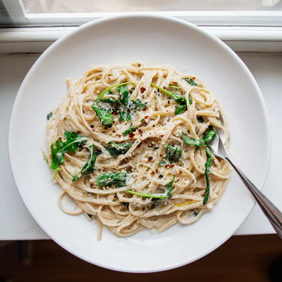 Creamy lemon ricotta pasta with fresh arugula served in a white bowl
