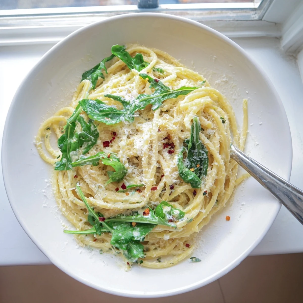 Bright and silky lemon ricotta pasta dish garnished with grated Parmesan cheese