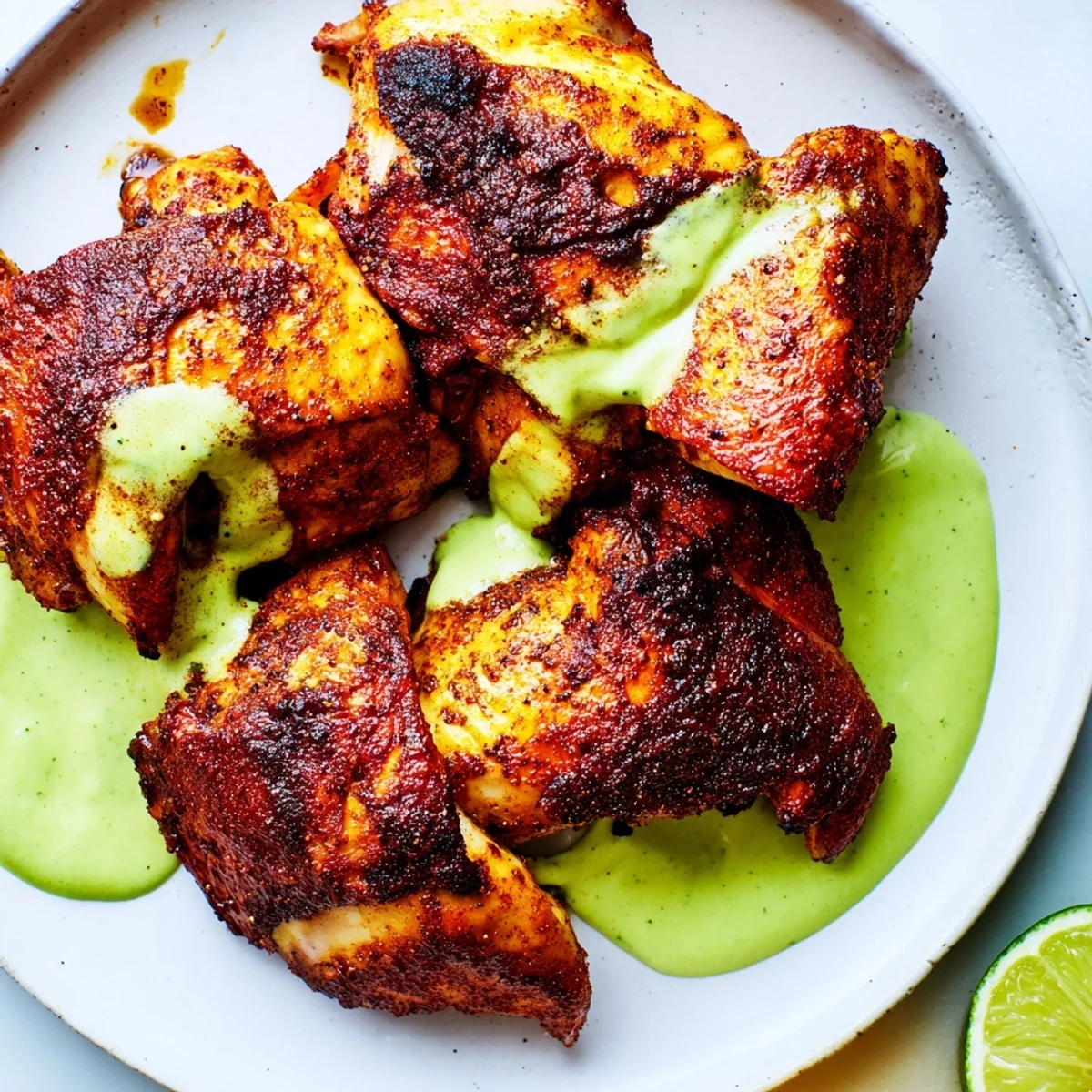 Golden Peruvian roast chicken with crispy skin drizzled with vibrant green aji verde sauce