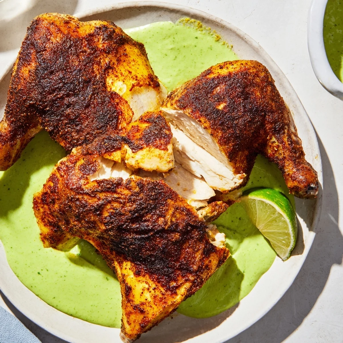 Whole roasted Peruvian chicken carved into pieces topped with tangy herby green sauce and lime