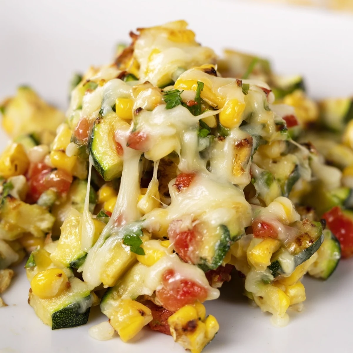 Golden bowl of traditional Mexican Calabacitas with tender zucchini, corn, and melted cheese topping