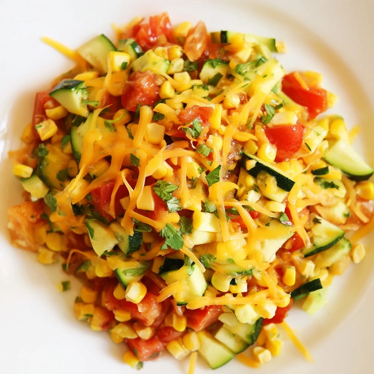 Sautéed Calabacitas skillet featuring colorful zucchini, sweet corn kernels, and fresh cilantro garnish