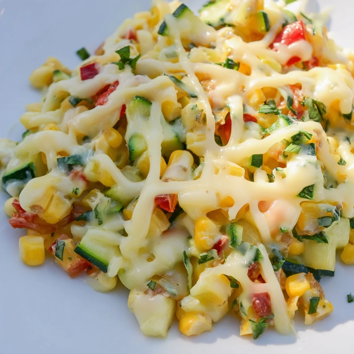 Creamy Calabacitas side dish with diced tomatoes, poblano peppers, and crumbled queso fresco