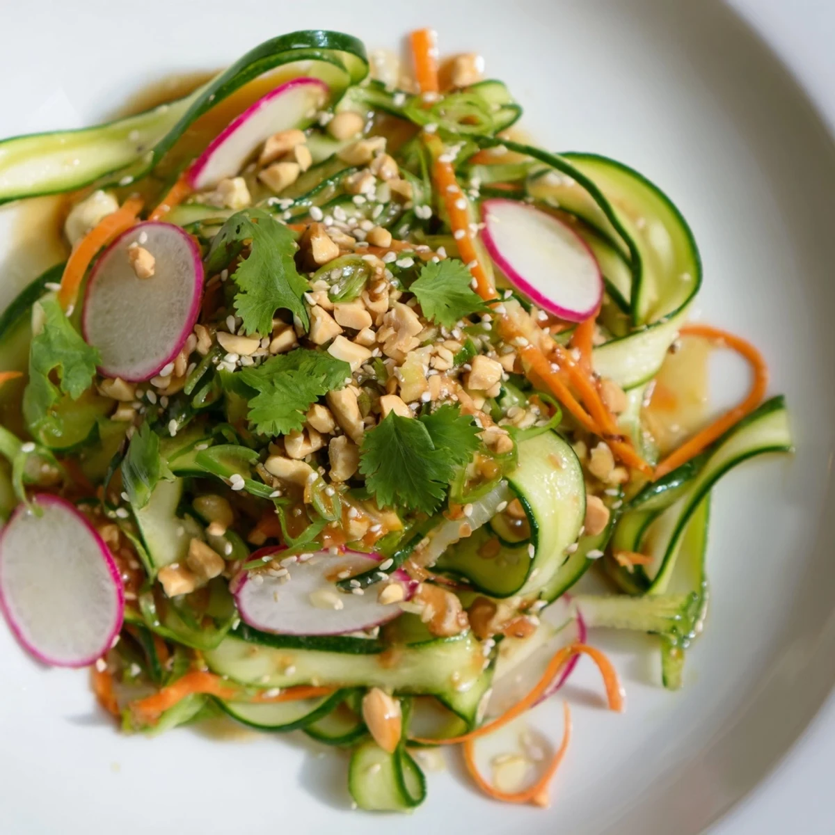 Fresh cucumber carrot salad with big crunch tossed in tangy sesame dressing and topped with roasted peanuts