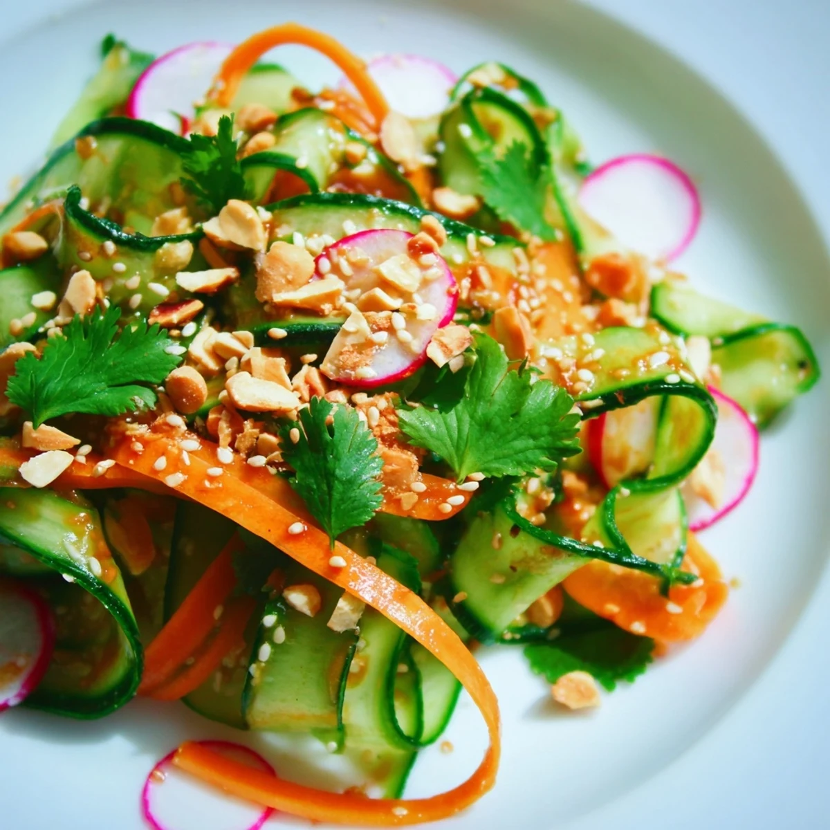 Colorful bowl of crisp julienned cucumbers and carrots coated in savory sesame ginger dressing with toasted sesame seeds