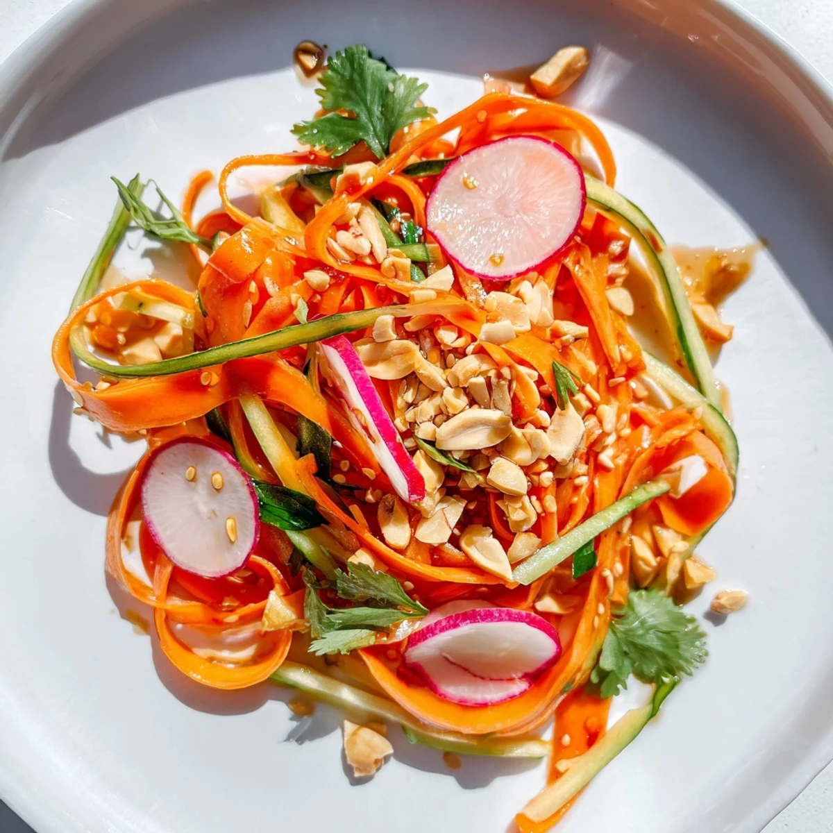 Vibrant cucumber carrot salad featuring crunchy vegetables drizzled with zesty sesame oil dressing and garnished with fresh cilantro
