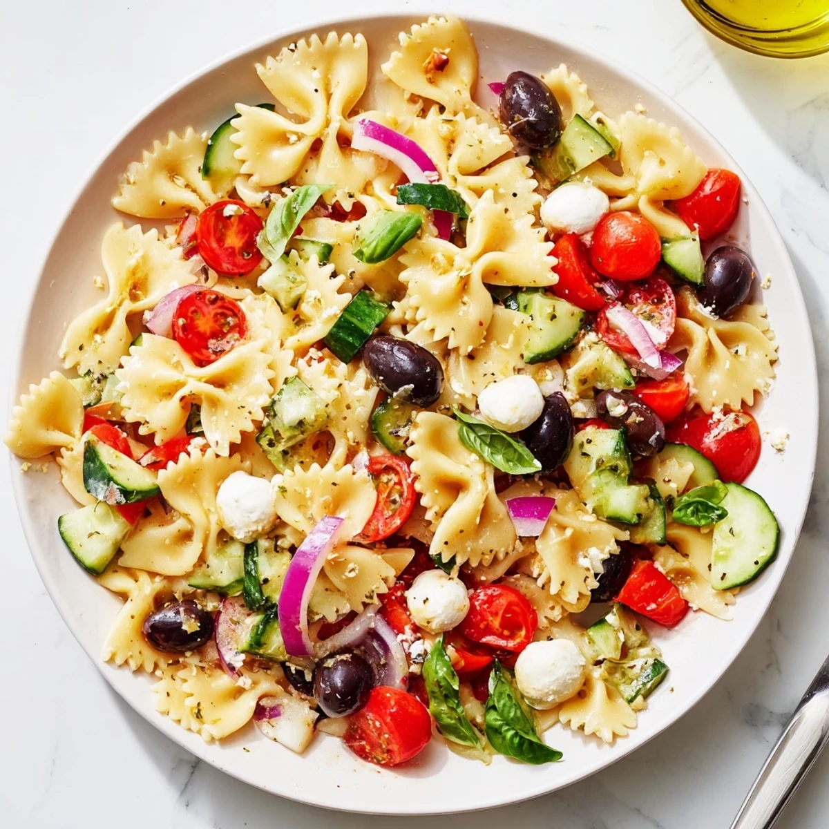 Colorful Italian bow tie pasta salad with cherry tomatoes, cucumber, mozzarella, and fresh basil