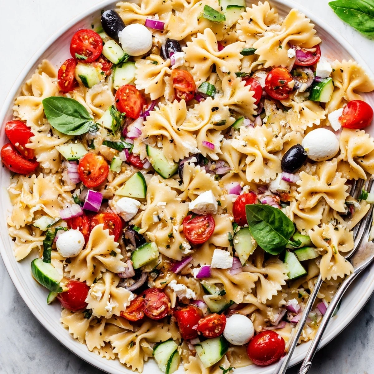 Hearty Italian bow tie pasta salad tossed with olives, peppers, and Parmesan cheese