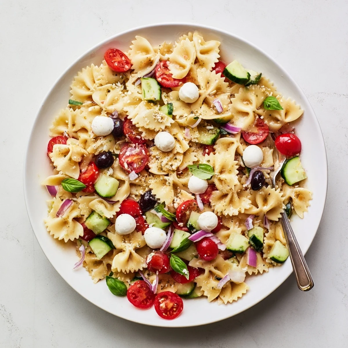 Refreshing Italian bow tie pasta salad featuring crisp vegetables and tangy homemade dressing