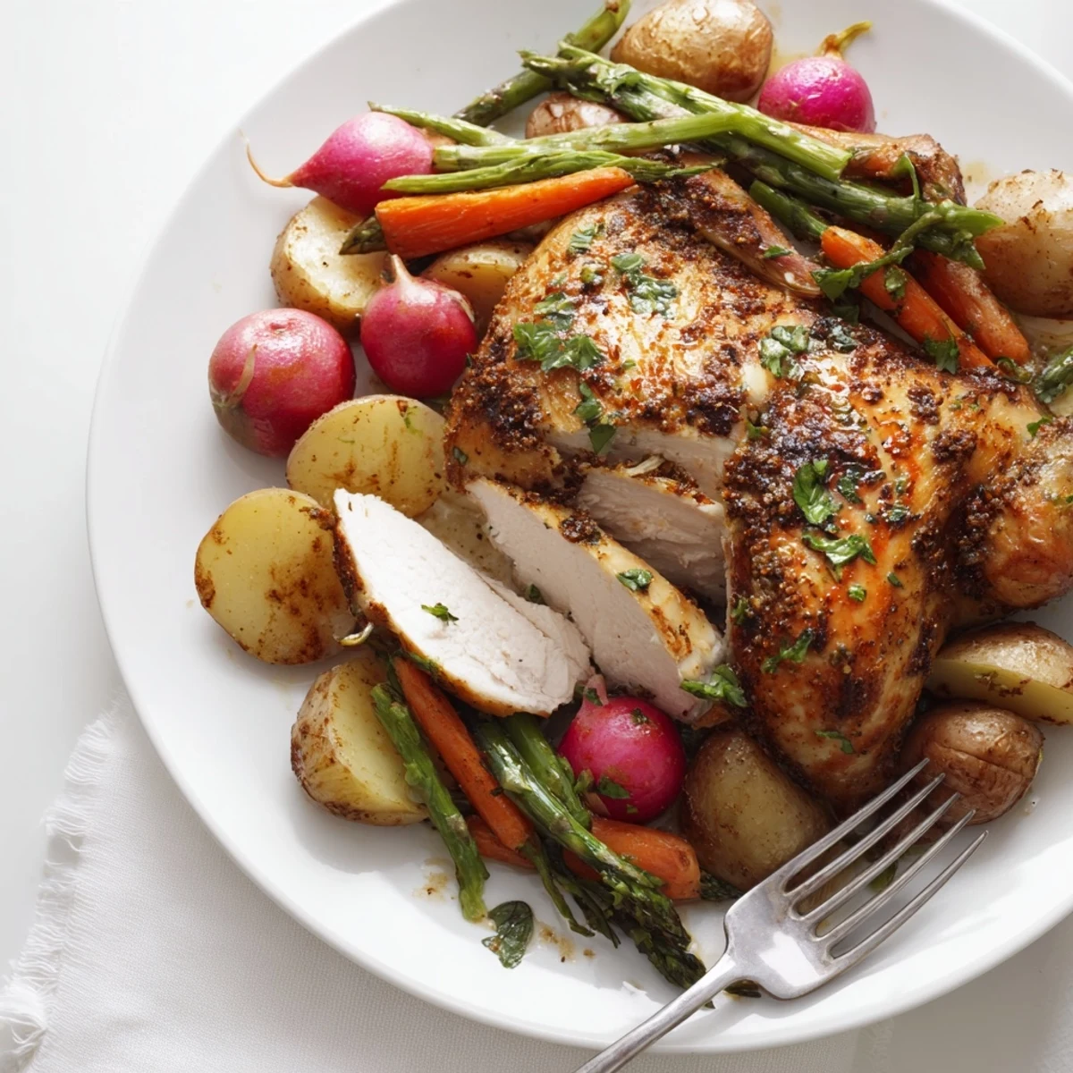 Whole roasted chicken seasoned with fresh herbs surrounded by colorful carrots and asparagus