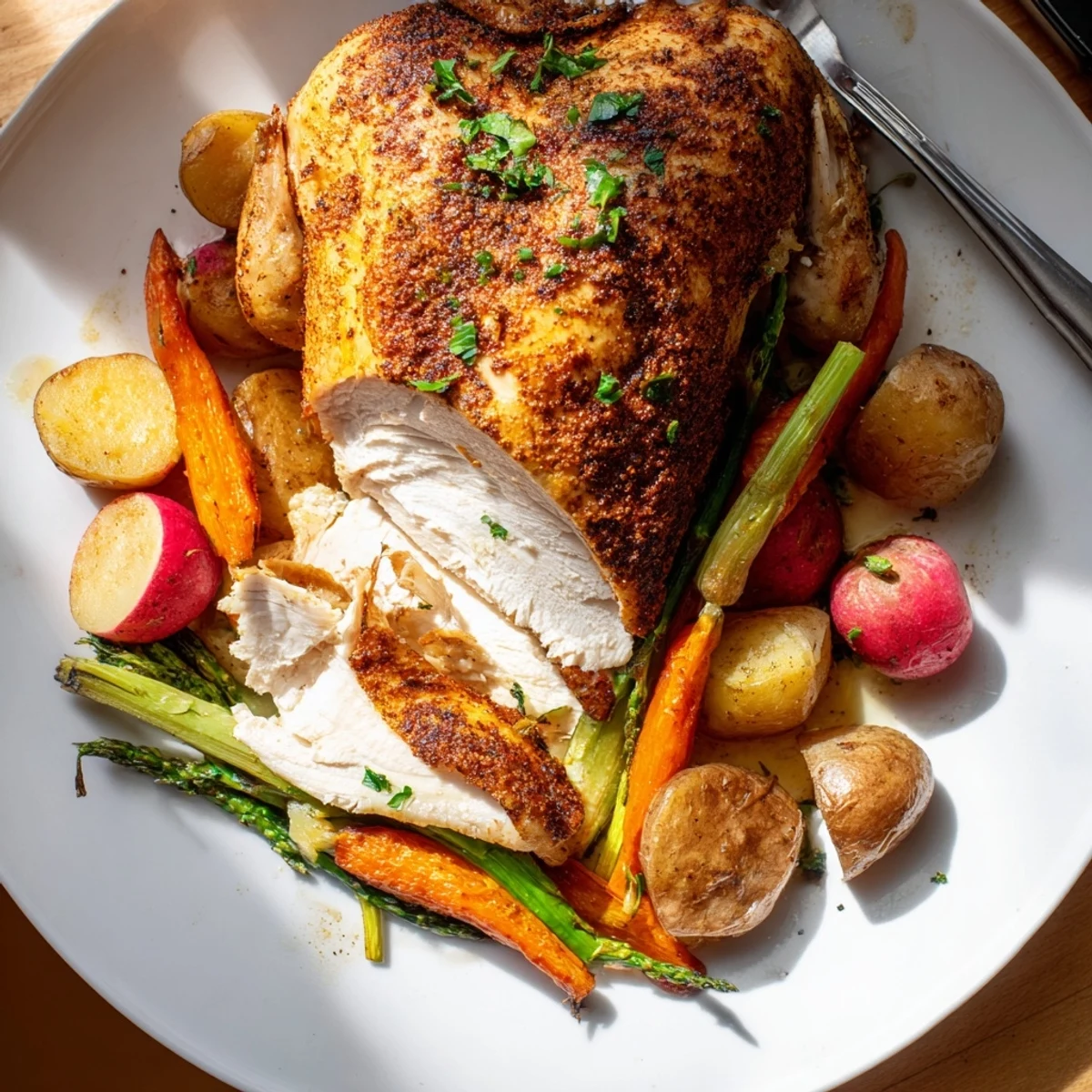 Juicy herb crusted chicken resting atop roasted baby potatoes and vibrant spring vegetables