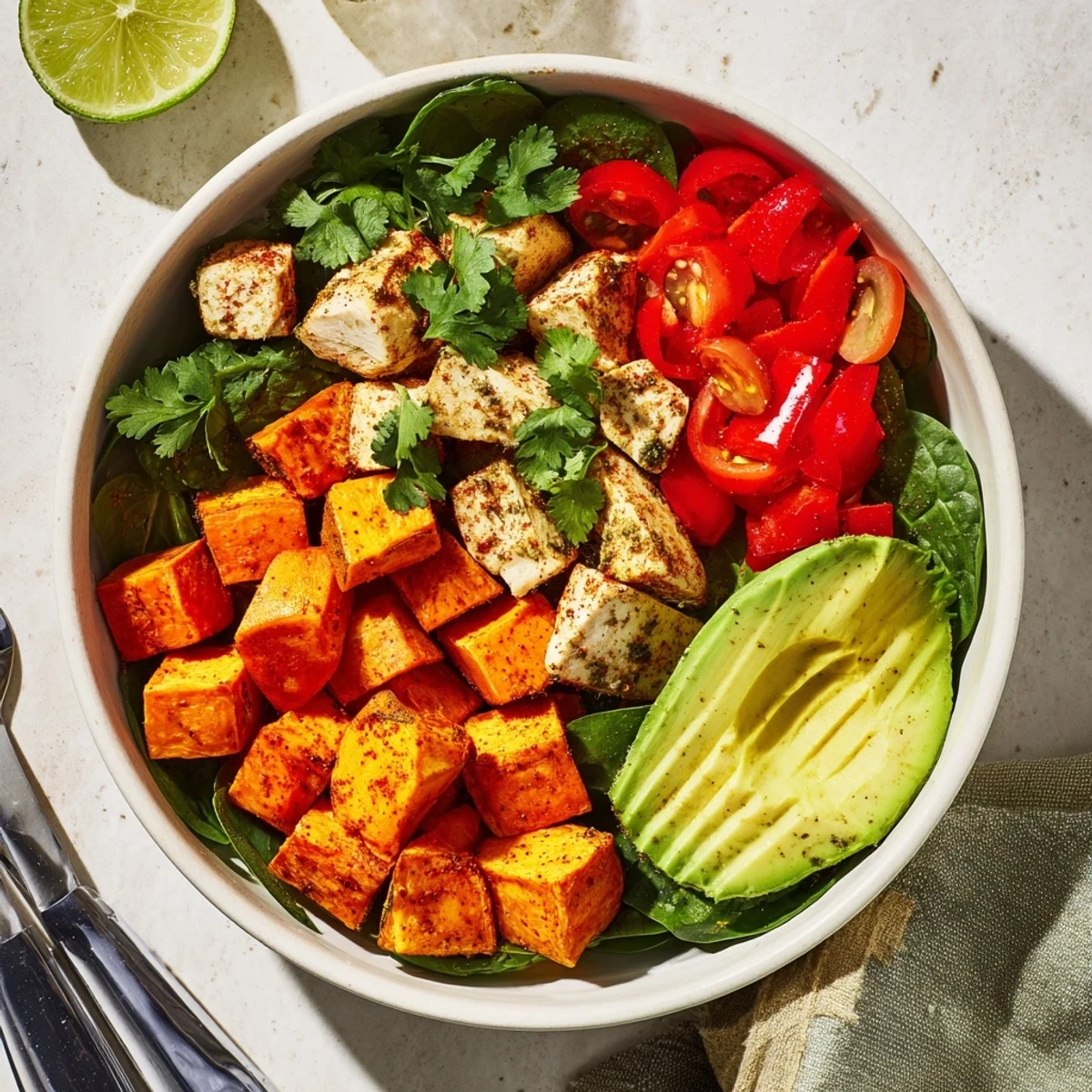 Vibrant chicken sweet potato bowl featuring roasted chicken, cubed sweet potatoes, fresh spinach, avocado, and colorful vegetables arranged in a meal prep container