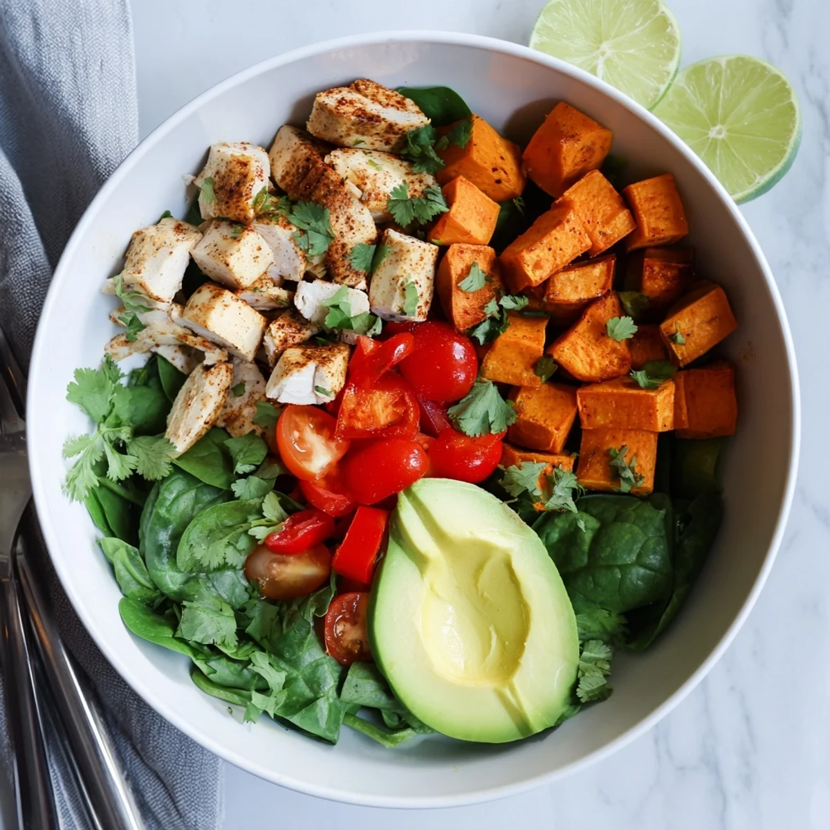 Golden roasted chicken breast and tender sweet potato cubes served over baby spinach with cherry tomatoes, red bell pepper, and creamy avocado slices