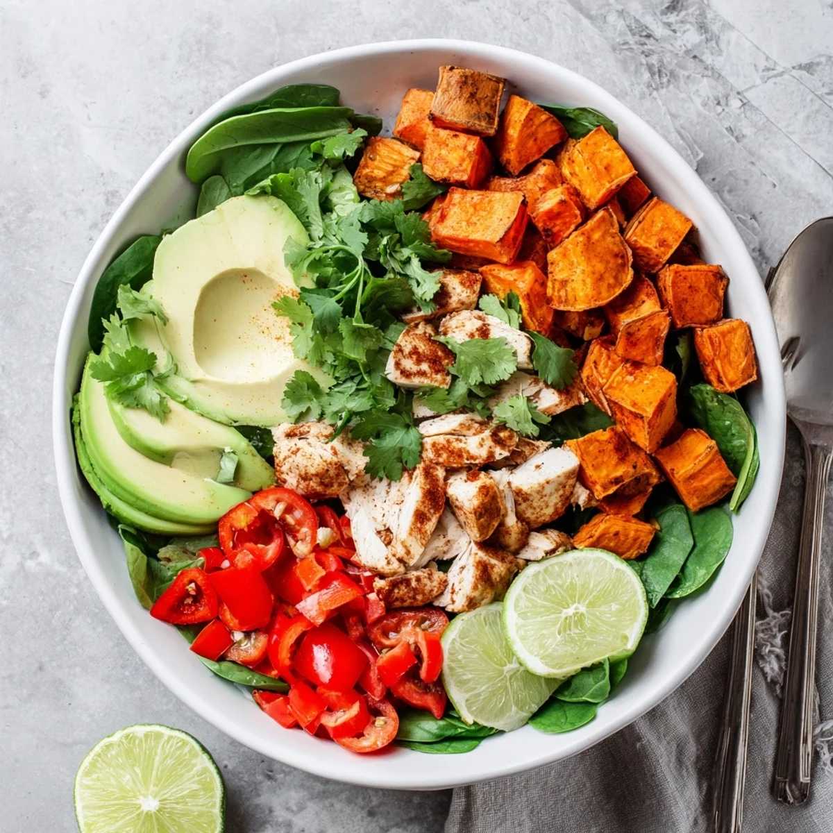 Nourishing chicken sweet potato bowl piled high with seasoned chicken, roasted sweet potatoes, crisp vegetables, and topped with fresh cilantro and lime wedges