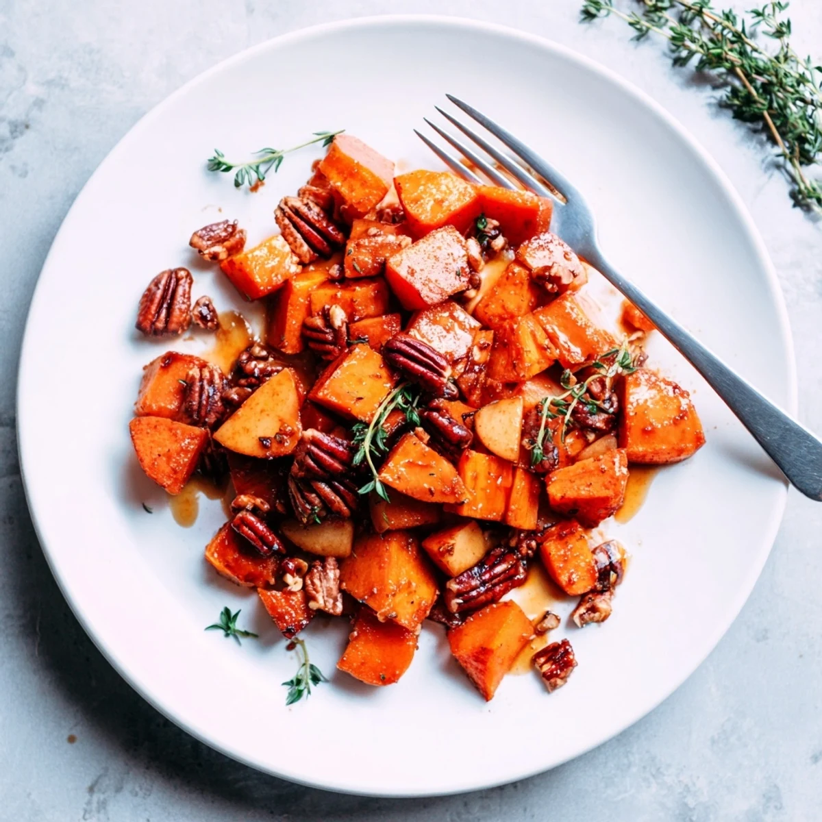 Tender caramelized sweet potato cubes and apple chunks coated in sweet maple cinnamon glaze on a white platter