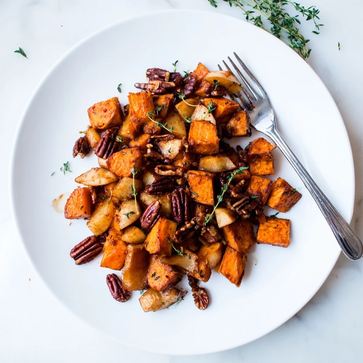 Golden roasted sweet potatoes and apples glistening with warm cinnamon maple glaze in a rustic serving bowl