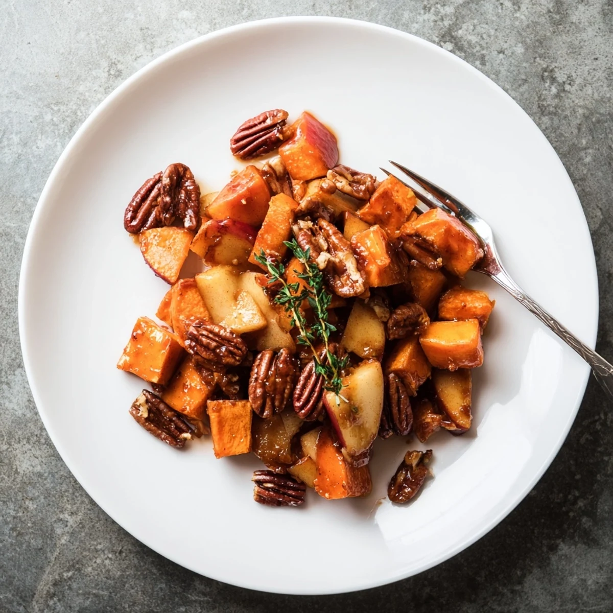 Oven-baked sweet potatoes and apples drizzled with buttery maple cinnamon glaze, garnished with fresh thyme sprigs