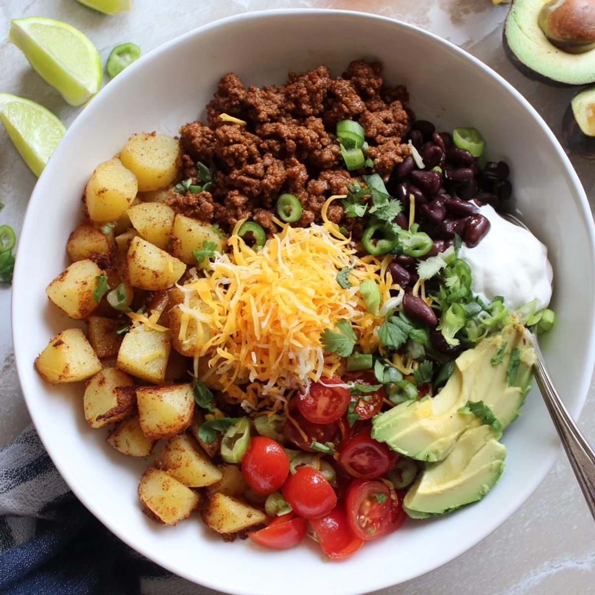 Golden roasted potatoes topped with seasoned ground beef and fresh taco toppings in a colorful bowl