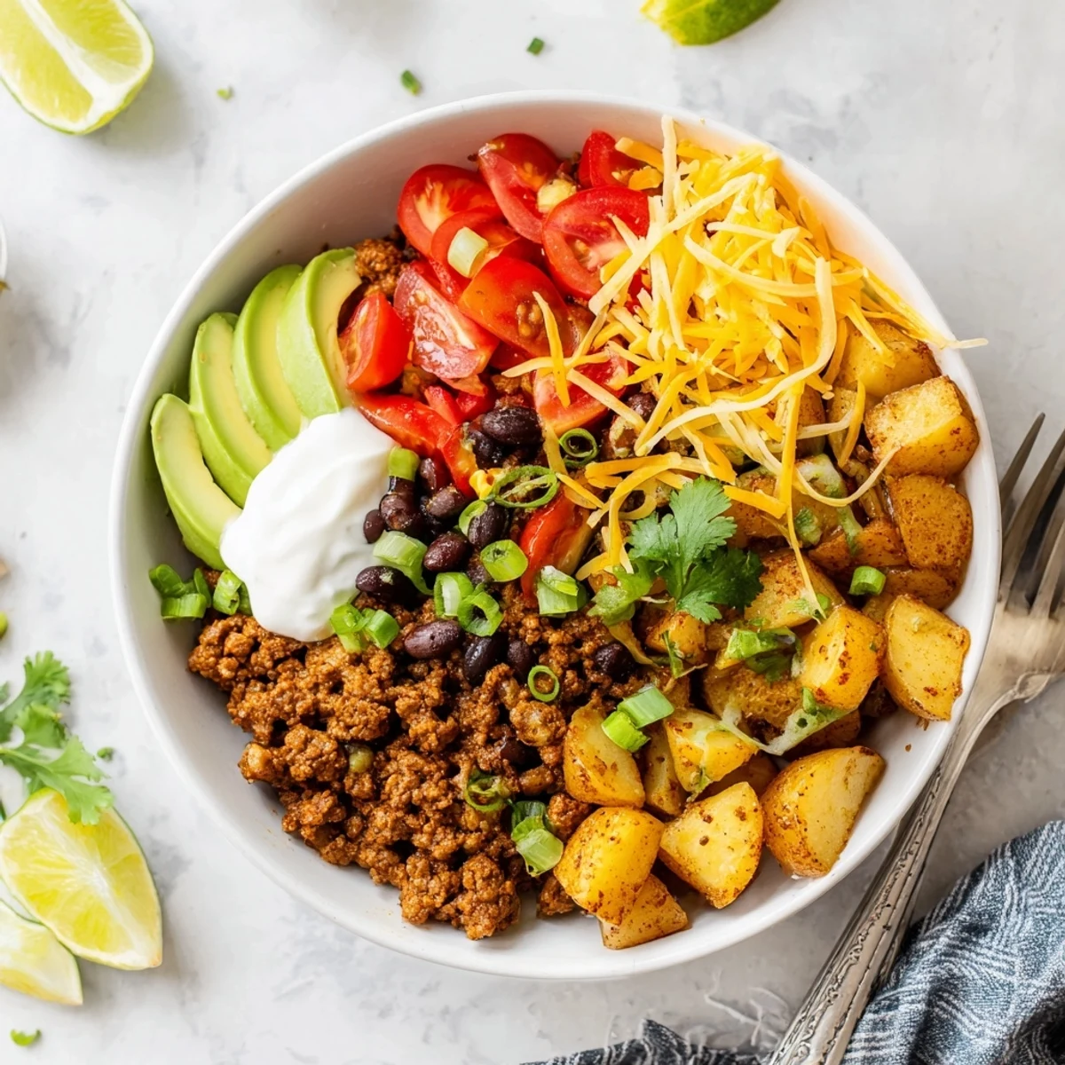 Sizzling Tex-Mex ground beef and crispy roasted potatoes served in a bowl with cheese, tomatoes, and sour cream
