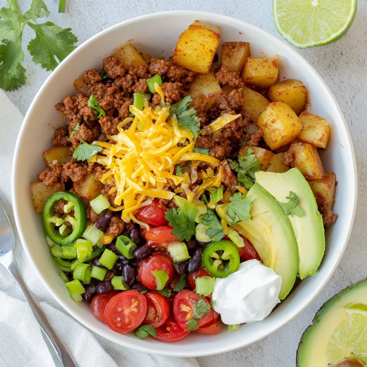 Hearty ground beef potato taco bowl layered with melted cheddar, avocado slices, and vibrant garnishes