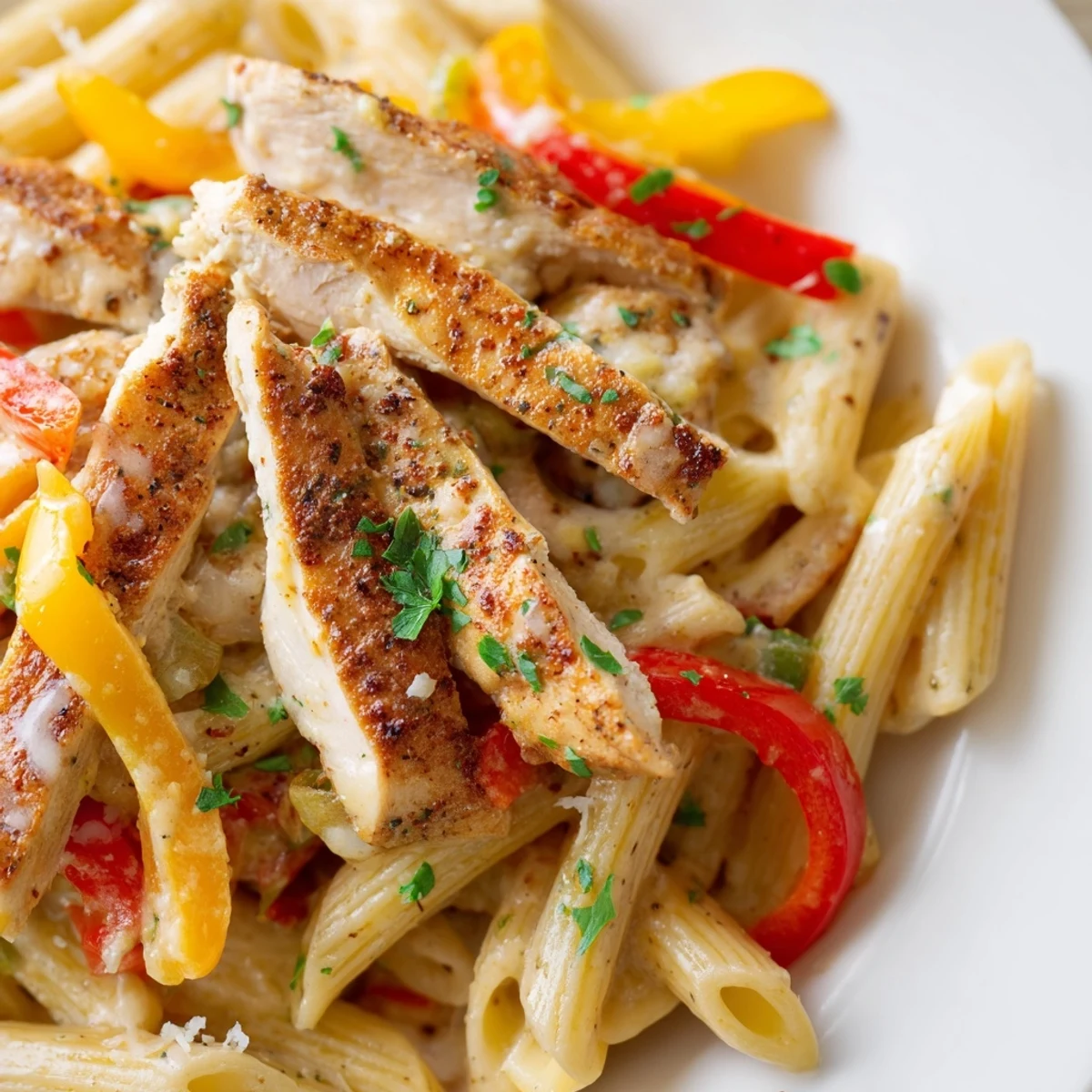 Golden sliced Cajun chicken resting atop penne pasta coated in a rich, creamy Parmesan sauce