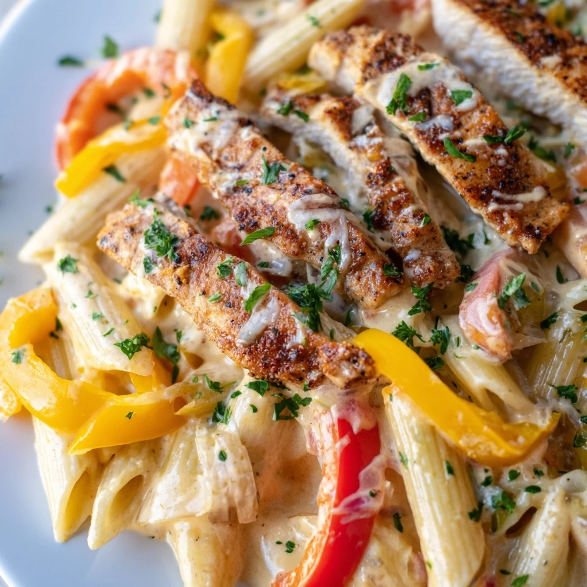 Steaming bowl of creamy Cajun chicken penne pasta garnished with fresh parsley and red pepper strips