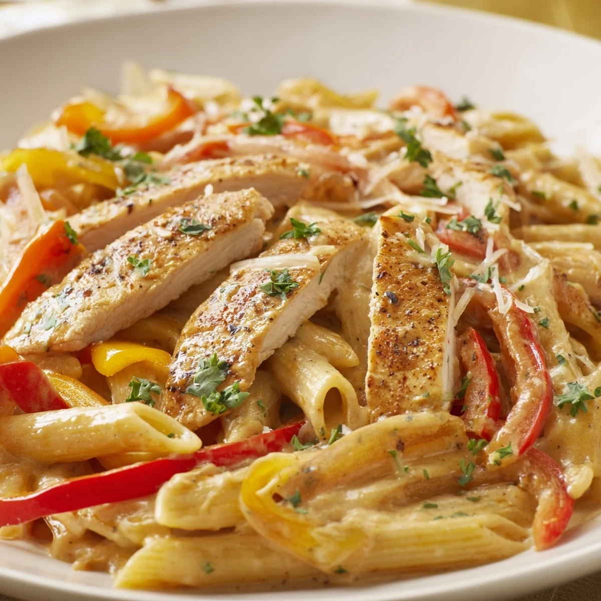 Plate of tender spiced chicken and penne pasta tossed in a velvety white cream sauce
