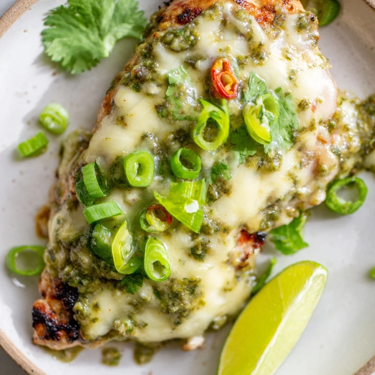 Golden grilled chicken breasts topped with zesty salsa verde and melted pepper jack cheese