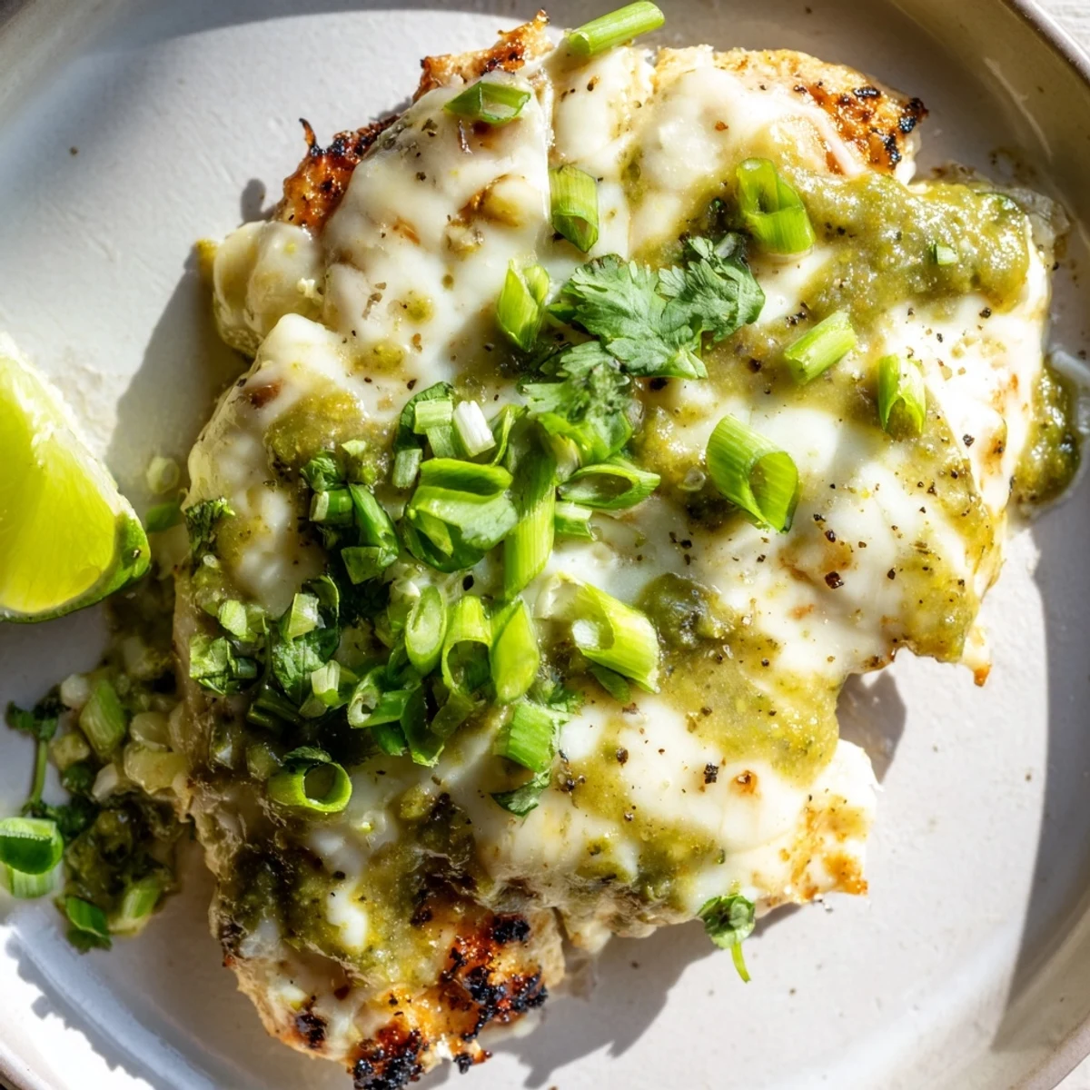 Sliced grilled chicken drizzled with vibrant green salsa and bubbling spicy pepper jack cheese