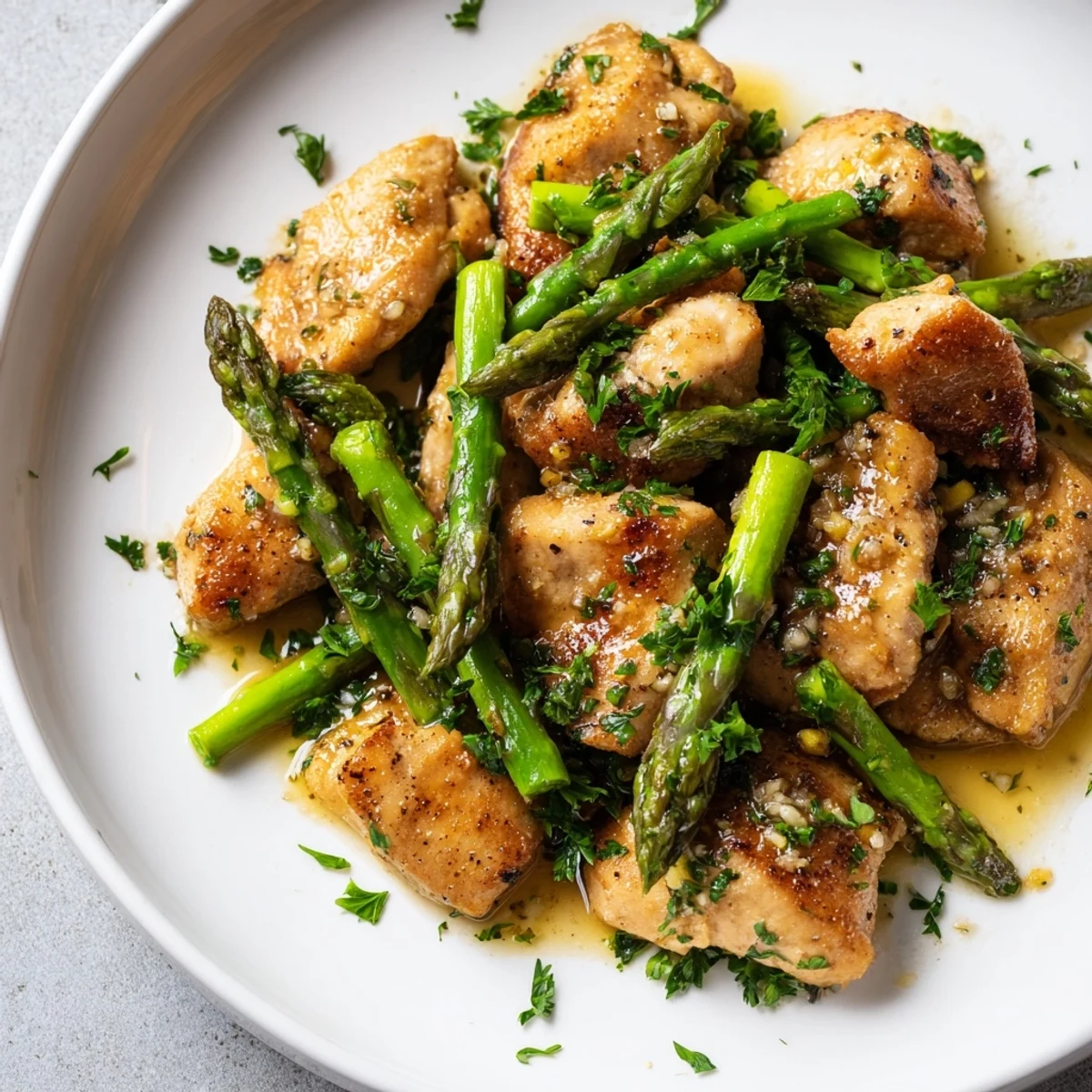 Tender seared chicken pieces tossed in buttery garlic sauce with crisp asparagus, garnished with fresh parsley