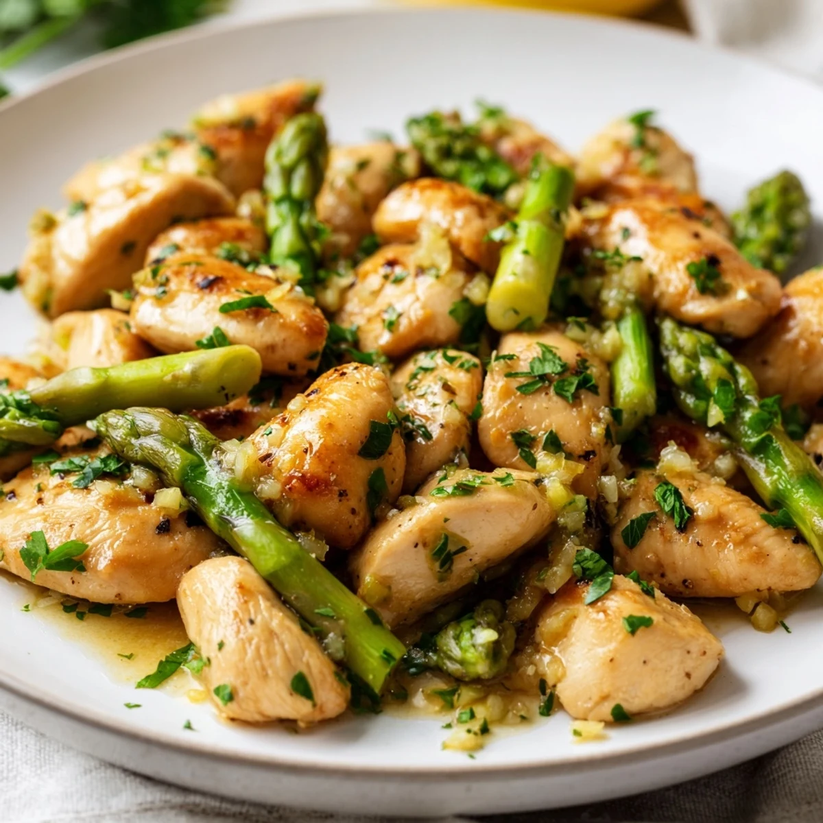 Golden brown garlic butter chicken bites served alongside vibrant green asparagus spears on a white plate