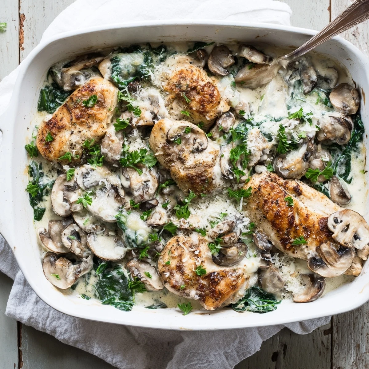 Creamy low carb chicken spinach mushroom bake casserole featuring tender chicken breasts in a cheesy white sauce