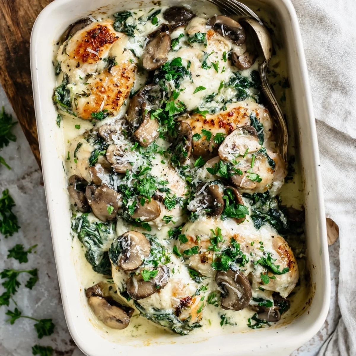 Golden bubbly low carb chicken spinach mushroom bake fresh from the oven with melted mozzarella topping
