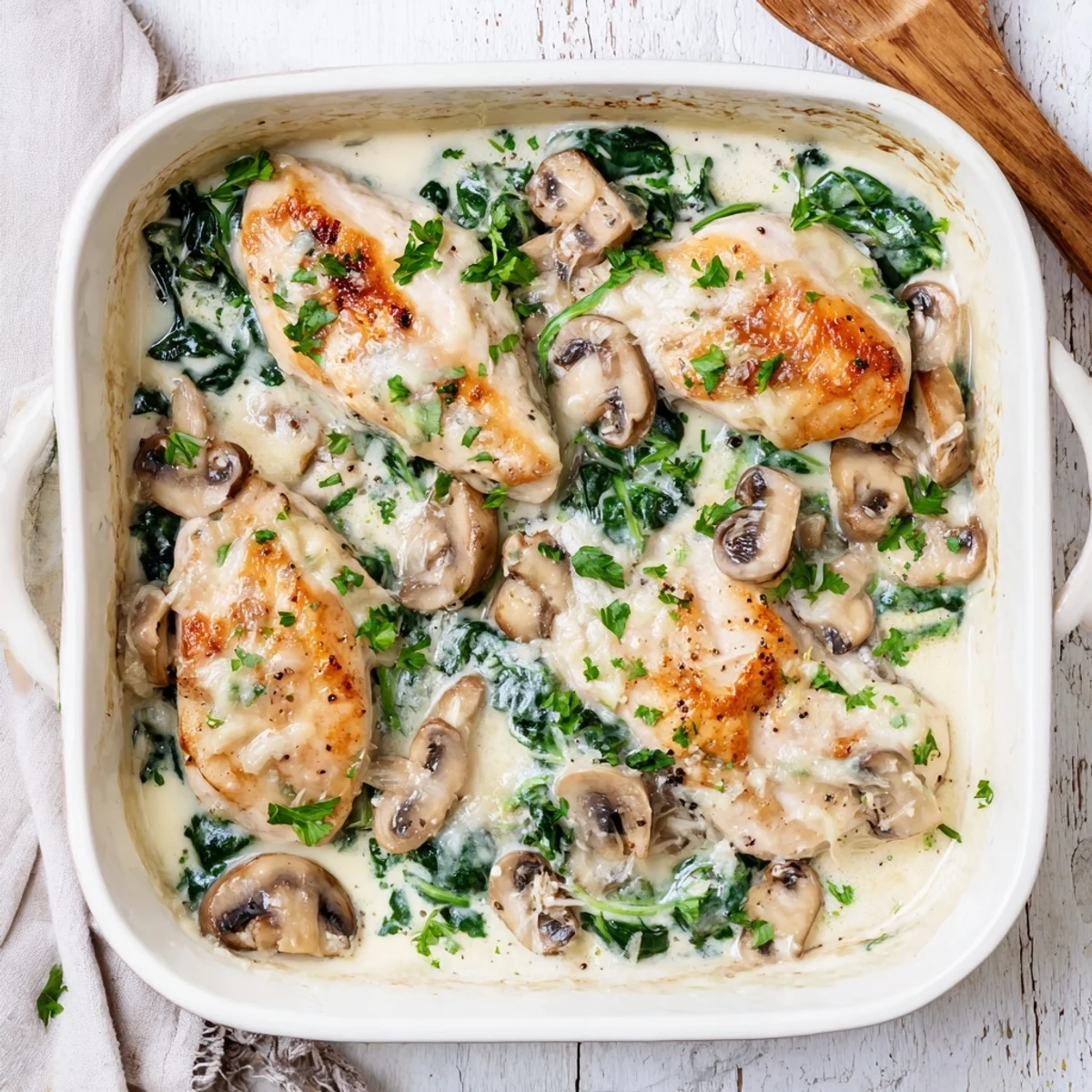 Savory low carb chicken spinach mushroom bake with sautéed vegetables and golden cheese ready for weeknight dinner